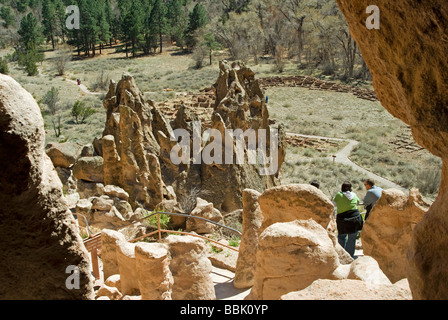 USA New Mexico Bandelier National Monument view of pueblo remains from cliffs Stock Photo