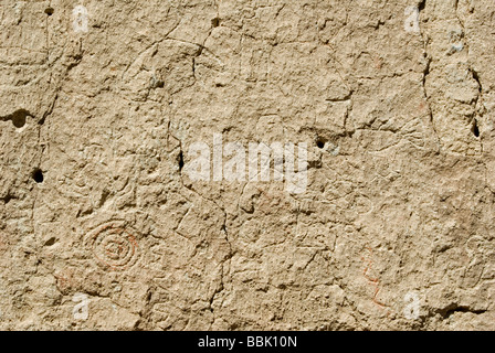 USA New Mexico Bandelier National Monument rock art petroglyphs symbols carved into rocks depicting travel turkeys dogs Stock Photo