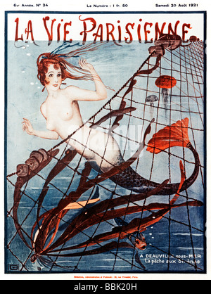 Mermaid in the Net 1921 French magazine cover illustration of an unusual fish catch at Deauville Stock Photo