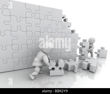 3D render of men solving a jigsaw puzzle Stock Photo