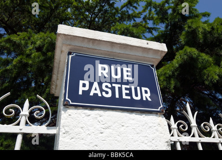 French blue enamel street sign 'Rue Pasteur', France. Stock Photo