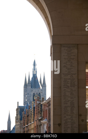 Ieper, Ypres Cathedral seen through Menin Gate West Flanders Belgium Stock Photo