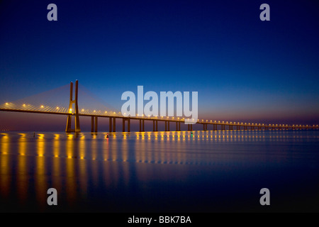 Vasco de Gama suspension bridge at night, Lisbon, Portugal, Europe Stock Photo