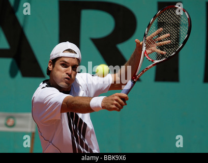 Tennis player Tommy Haas(GER) plays a backhand return at Roland Garros Stock Photo