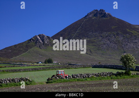 stony rocky field with tractor beneath slieve binnian and wee binnian in the mourne mountains county down northern ireland uk Stock Photo