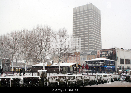 Gabriel's Wharf & ITV on the South Bank London in the Snow Stock Photo