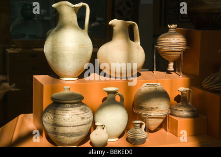 A museum display of early Greek ceramics discovered in graves at Ancient Corinth Peloponnese Greece Stock Photo