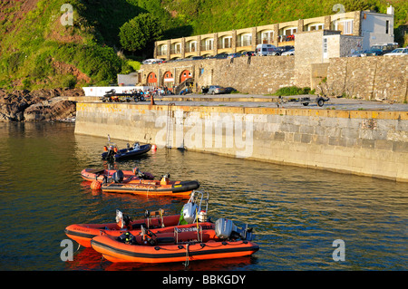 Orange RIBs boats in Fort Bovisand harbour Plymouth Devon UK Stock Photo