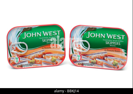 Two 106g ring pull cans of John West traditional wood smoked Skippers Stock Photo