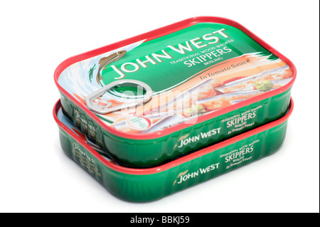 Two 106g ring pull cans of John West traditional wood smoked Skippers Stock Photo