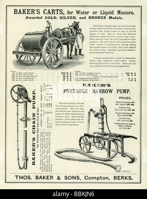 Advertisement in a Victorian mail-order catalogue for manure carts and pumps, Baker & Sons, Compton, Berkshire Stock Photo