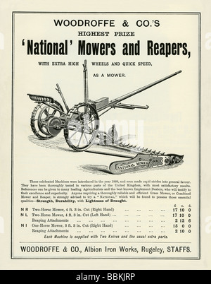 Advertisement in a Victorian mail-order catalogue for National mowers and reapers, Woodruffe & Co, Rugeley, Staffordshire Stock Photo