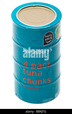 Four cellophaned tins of Sainsbury's Tuna Stock Photo