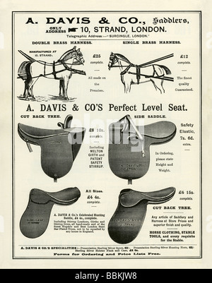 Advertisement in a Victorian mail-order catalogue for saddles and harnesses for horses, Davis & Co, Strand, London Stock Photo