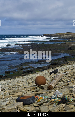 dh Bay of Ryasgeo NORTH RONALDSAY ORKNEY Debris flotsam washed up on stoney shore beach rubbish scotland litter coast refuse jetsam ocean