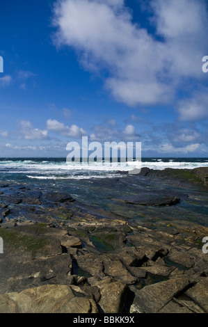 dh Bay of Ryasgeo NORTH RONALDSAY ORKNEY Blue skies white clouds surf waves coming shore on rocky beach