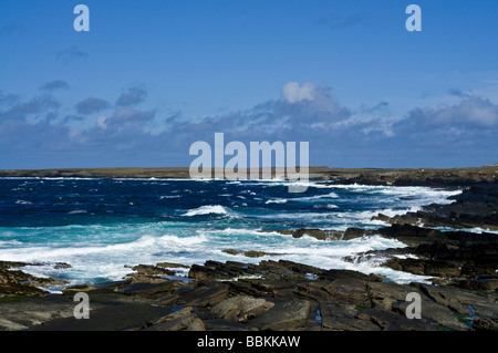 dh Bay of Ryasgeo NORTH RONALDSAY ORKNEY Blue skies white waves and rocky coastline scottish island sea