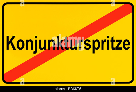 Town exit sign, German lettering Konjunkturspritze, symbolic of end of boost to the economy Stock Photo