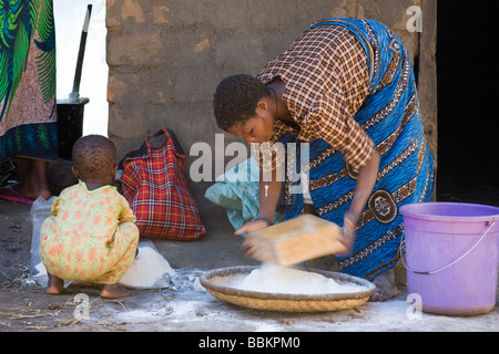 A woman sieving maize flour in the preparation of nsima in the village of Nyombe, Malawi, Africa Stock Photo