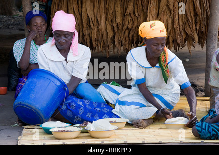 Women preparing nsima in the village of Nyombe, Malawi, Africa Stock Photo