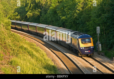 First Great Western Passenger Express Train in motion between Cardiff and Swansea Stock Photo