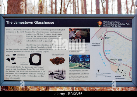 A sign describing the Jamestown Glasshouse Williamsburg Virginia Stock Photo