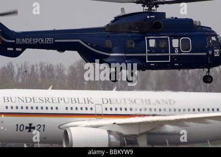 Super Puma helicopter of the Federal Police, 60 years NATO, the arrival of the delegations at the airport Karlsruhe / Baden-Bad Stock Photo