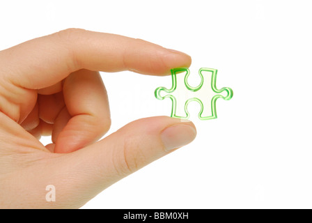 Female hand with jigsaw piece, symbolic for piece of the puzzle Stock Photo