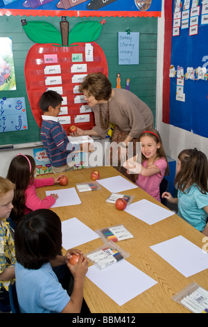 Elementary kids multi ethnic diversity racially diverse multicultural Hispanic boy passing out apples drawing pictures primary school class  © Myrleen Pearson