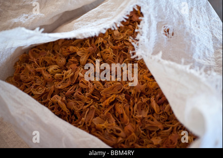 Close up of blades of dried mace, the aril (lacy covering) of nutmeg seed shell, bagged up and ready to be sold Stock Photo