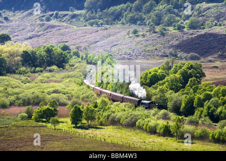 Steam train rolling through the spectacular scenery of Levisham Moor on the North York Moors Railway North Yorkshire UK Stock Photo