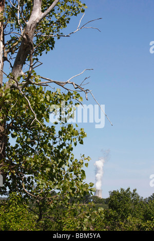 The Chimney of a nuclear power plant in the green nature in Ohio OH   pictures photos images very high resolution vertical format in USA US hi-res Stock Photo