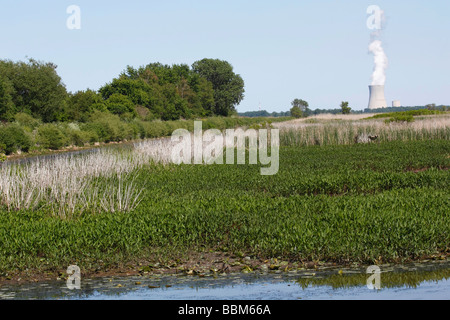 Chimney of a nuclear power plant in the green nature against blue sky nobody none front view in Ohio USA US photos picture horizontal hi-res Stock Photo