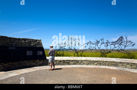 Montana, USA: Visitor views information in the Indian portion of the Little Bighorn Battlefield National Monument. Stock Photo