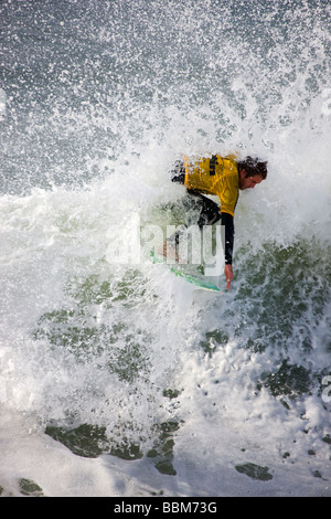 Pascal Stansfield competing in the Katin Pro Am surf competition at Huntington Beach Pier Orange County California Stock Photo