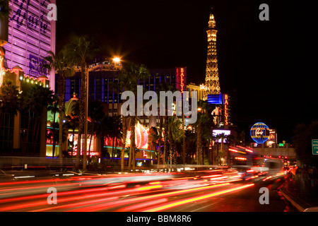 Looking towards the Paris Hotel and Casino on the Strip at night Las Vegas Nevada Stock Photo