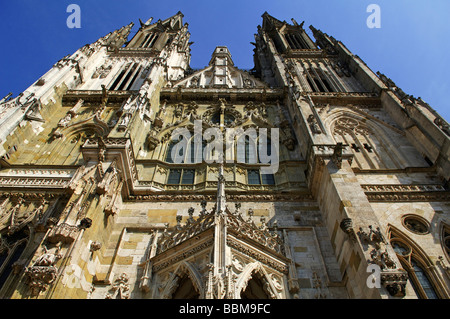 Restored front facade of the St Peter Cathedral, Regensburg, Lower Bavaria, Germany, Europe Stock Photo