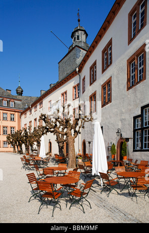 North wing with restaurant 'Schloss-Schaenke', patio, Berleburg Castle, Bad Berleburg, district of Siegen-Wittgenstein, Rothaar Stock Photo