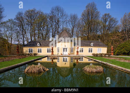 Orangery, civil registry, palace garden, statues, pond, Berleburg Castle, Bad Berleburg, district of Siegen-Wittgenstein, Rotha Stock Photo