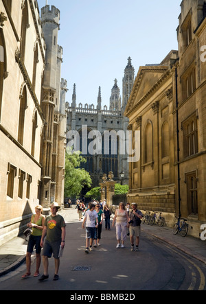 Tourists in Senate House passage, between the Senate House, Kings College Chapel, and Trinity Hall university buildings; Cambridge city centre, UK Stock Photo