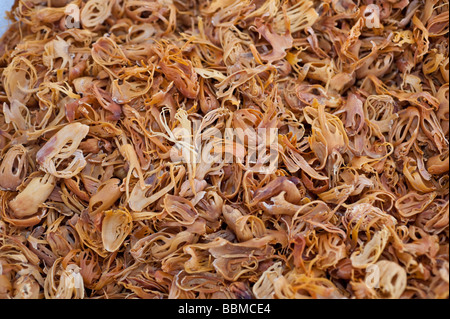 Close up of blades of dried mace, the aril (lacy covering) of nutmeg seed shell, bagged up and ready to be sold Stock Photo