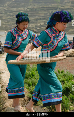 Hani Akha women with their rice sifting baskets in Yuanyang China Stock Photo