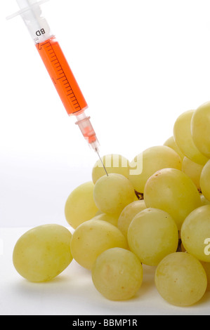 Syringe in grapes, symbolic picture, genetically modified foods Stock Photo