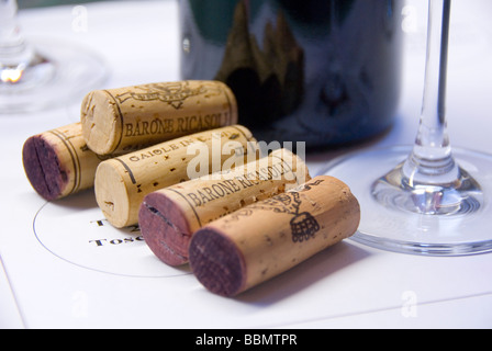 Corks from the various wines at a Wine tasting at Castello Brolio in Chianti Stock Photo