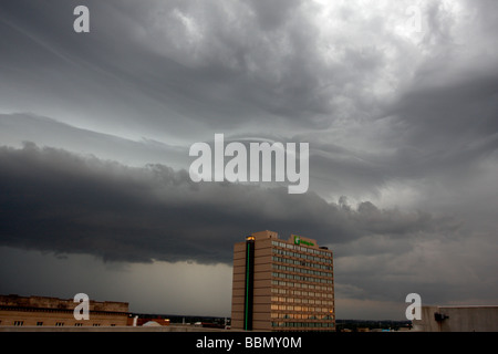 Roll and/or shelf cloud formation in thunderstorm above downtown Lincoln, Nebraska. Stock Photo