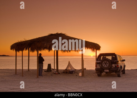 Sunrise over Bahia San Luis Gonzaga at beach palapa at Campo Rancho Grande Baja California Mexico Stock Photo