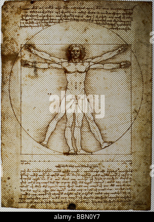 Vitruvian Man by Leonardo da Vinci shown in halftone pattern Stock Photo
