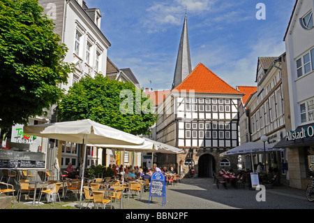 Old Town Hall, streets cafes, old town, half-timbered, frame houses, Hattingen, NRW, North Rhine-Westphalia, Germany, Europe Stock Photo