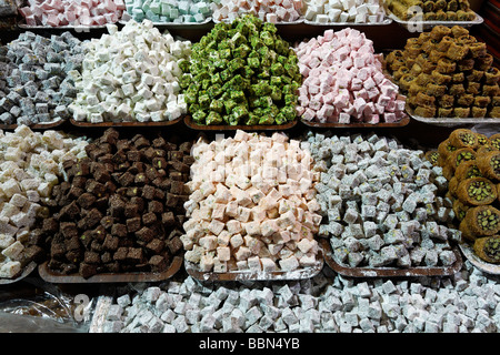 Lokum, Turkish Delight, in shop windows, various colours, Egyptian Bazaar, Spice Bazaar, Eminoenue, Istanbul, Turkey Stock Photo