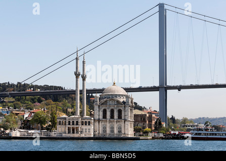 Bosphorus Bridge and the landmark Mecidiye Mosque, suburban Ortakoey, Istanbul, Turkey Stock Photo